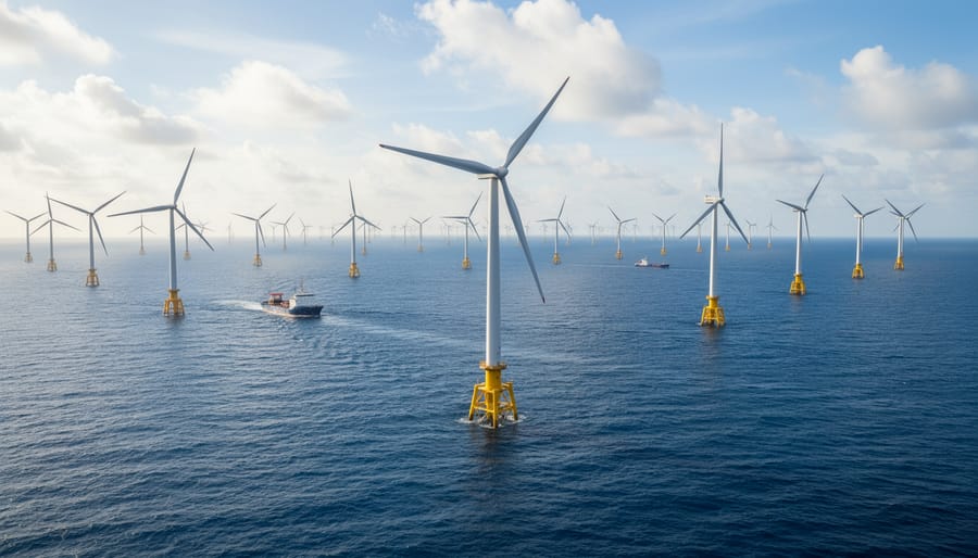 Aerial view of offshore wind farm with multiple turbines in ocean water