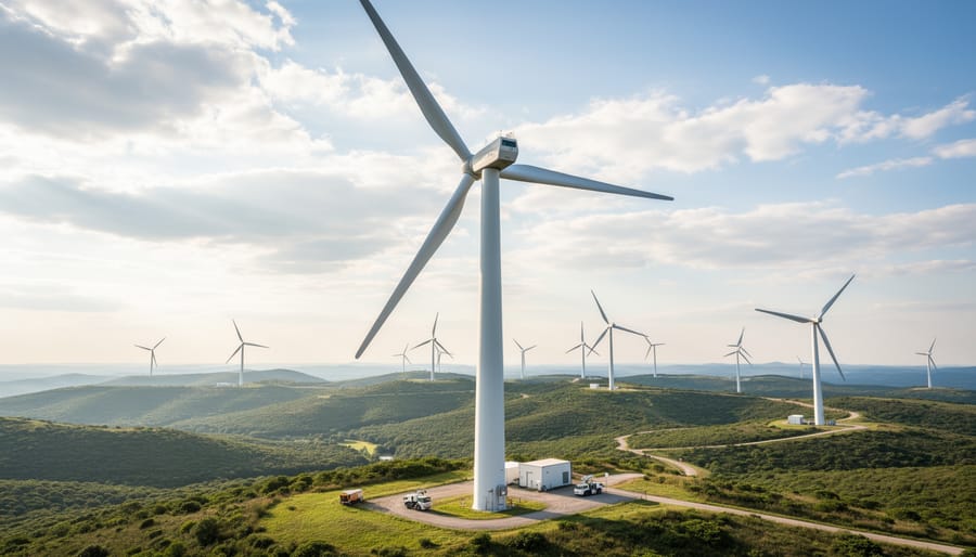 Wind turbine blades rotating against blue sky viewed from ground level