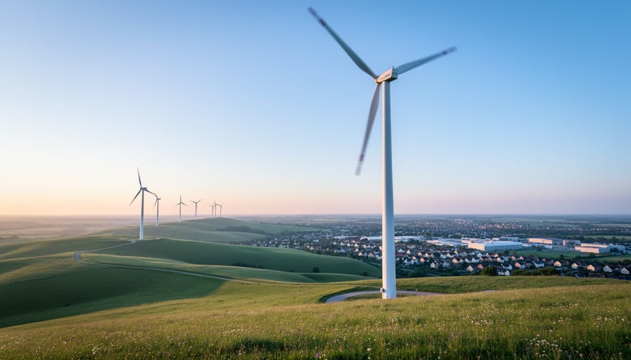 Low-angle, medium-wide photo of a modern white wind turbine spinning at golden hour over rolling green hills, with additional turbines, distant power lines, and a small town softly blurred in the background.