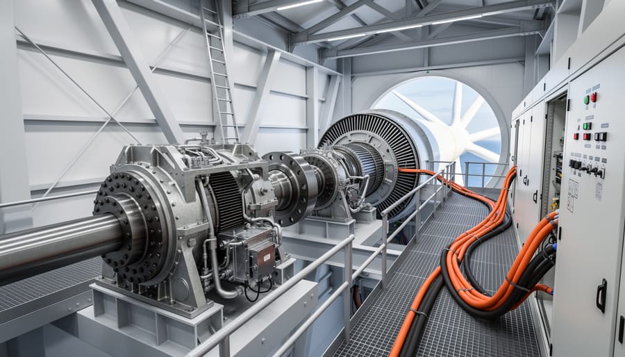 Interior view of wind turbine nacelle showing generator and gearbox components
