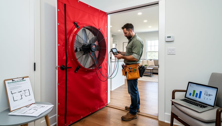 Blower door fan installed in a doorway to test home air tightness.