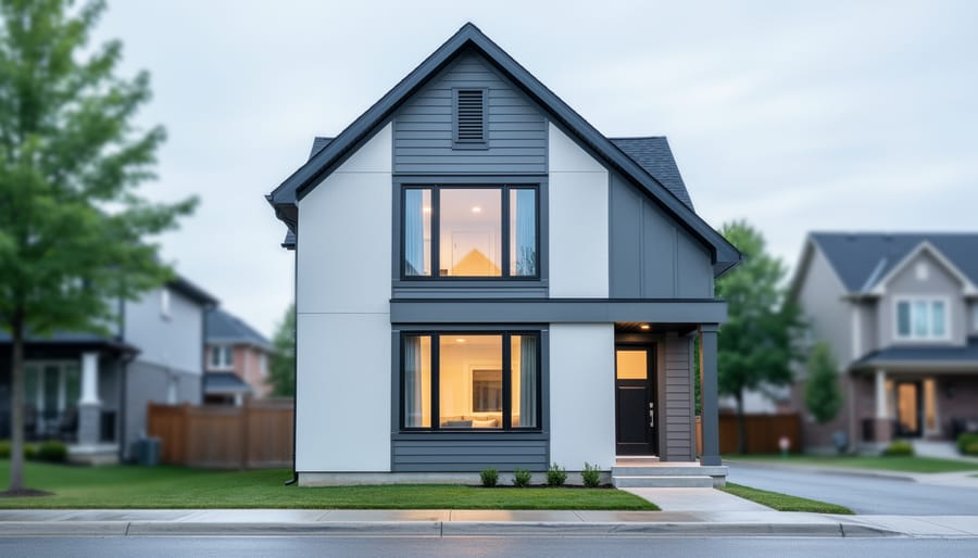 Modern Canadian home exterior with insulated windows and ventilation detail shown in soft daylight, suggesting energy efficiency.