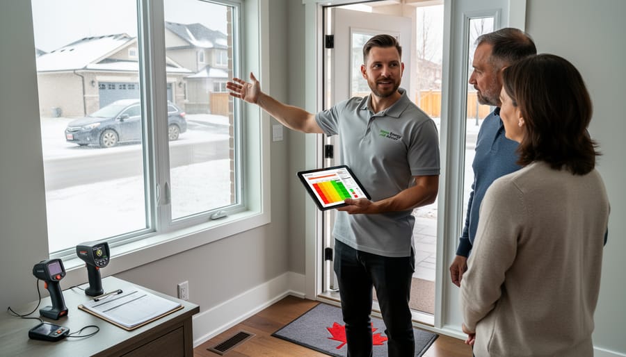 Home energy advisor standing beside a residential doorway with a clipboard during an evaluation.