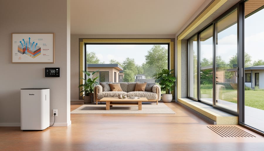 Bright interior living room with LED lighting and large windows suggesting energy-efficient design