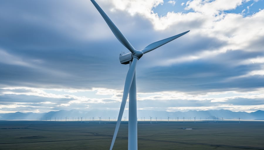 Low-angle view of a modern wind turbine with rotating blades in Canada under a blue sky, with distant turbines and open landscape in the background.
