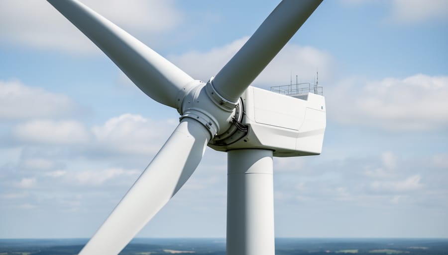 Close-up view of wind turbine blades and nacelle against the sky