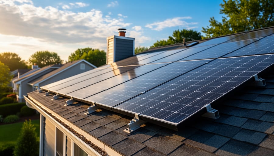 Modern Canadian home roof with solar PV panels under an overcast sky