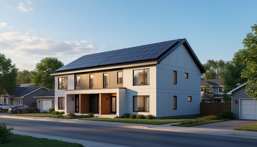 Modern house in Canada with rooftop solar panels under soft late-afternoon sunlight.