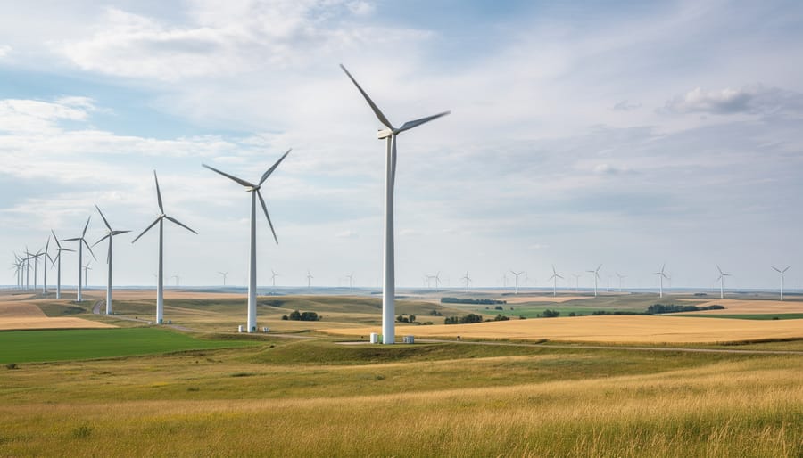 Wind turbines on a Canadian ridge under an overcast sky