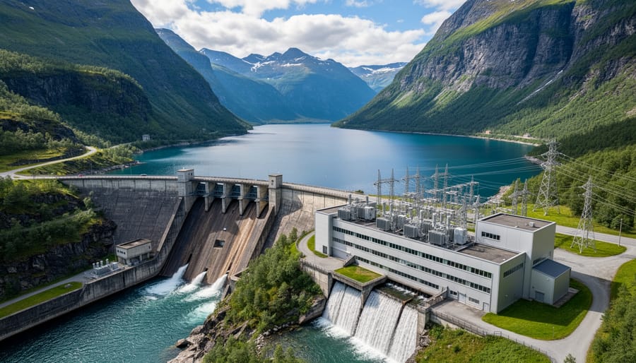 Hydroelectric powerhouse building and reservoir water in golden hour lighting.