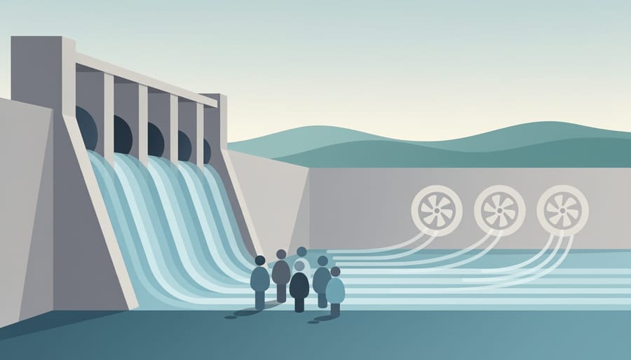 Person in a hard hat near hydroelectric equipment, reflecting sunlight off water to symbolize hydropower energy.