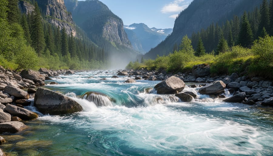 Mountain river flowing through a conifer forest, representing the water source for hydropower.
