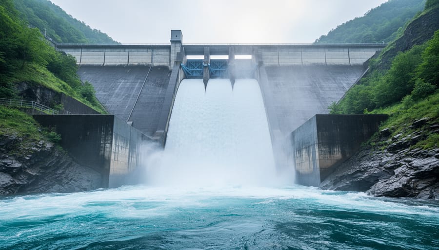 A hydroelectric dam spillway with cascading water flowing into a river valley, conveying hydropower generation from moving water.