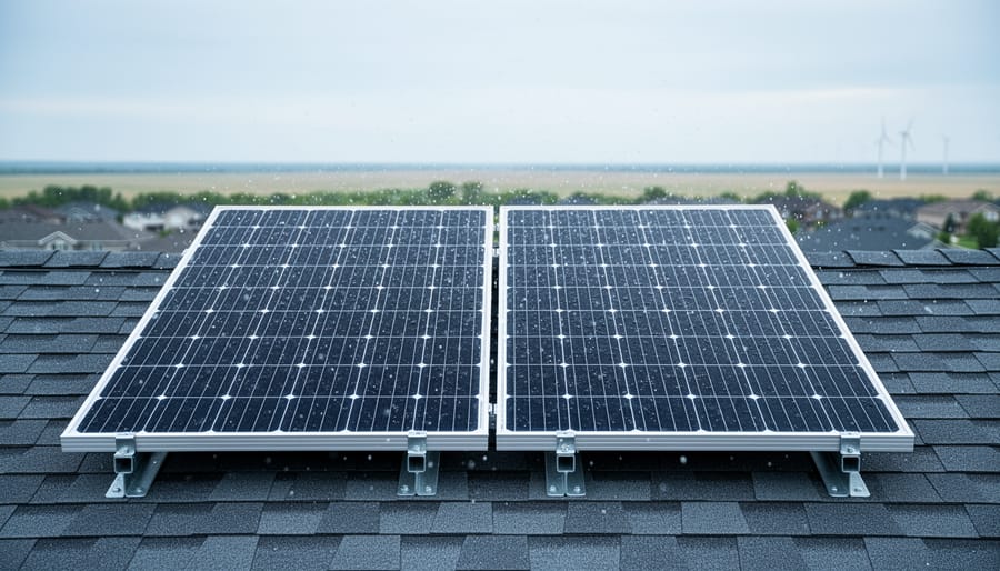Solar panels mounted on a rooftop in a Canadian landscape under overcast skies, with subtle hail-like particles in the air to suggest improved durability.