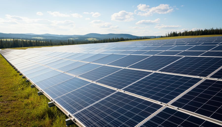 Sunlit solar farm panels in a wide landscape during golden hour