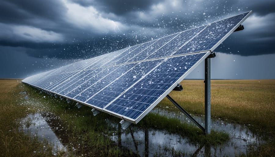 Hailstones striking a rooftop solar panel array in a prairie field during a storm