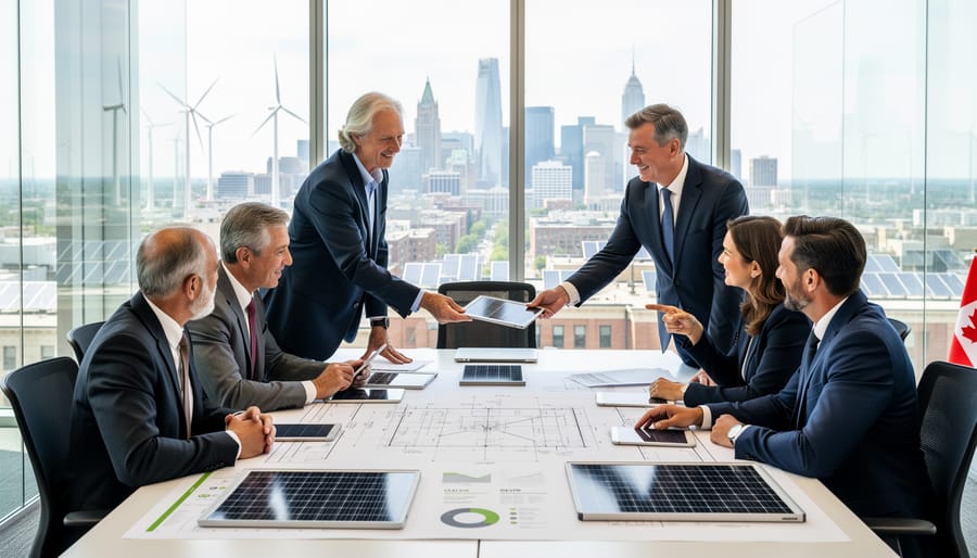 Canadian executives in a boardroom discussing renewable energy planning with solar-related materials on the table