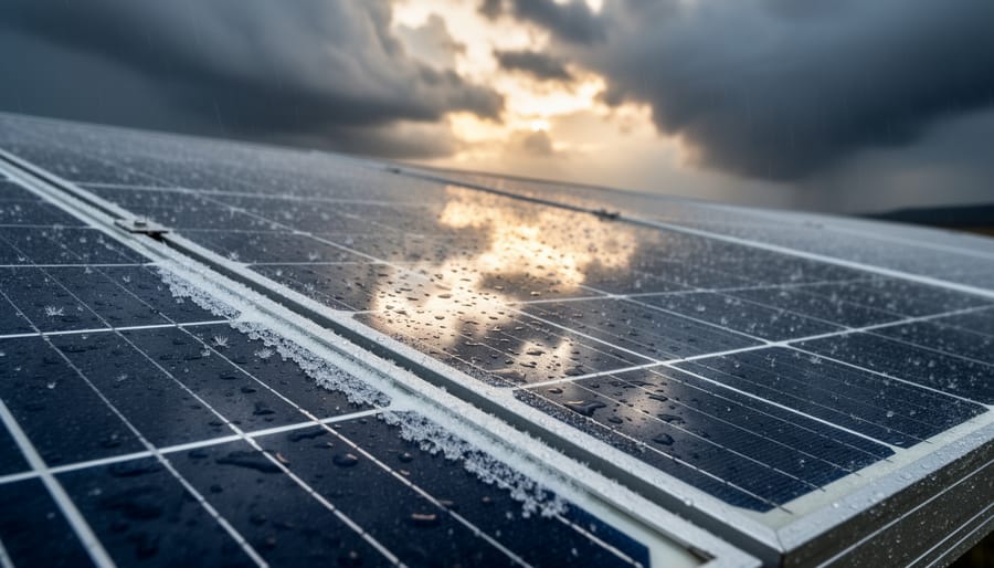 Close-up of a photovoltaic panel glass surface with water droplets suggesting hail-resistance testing