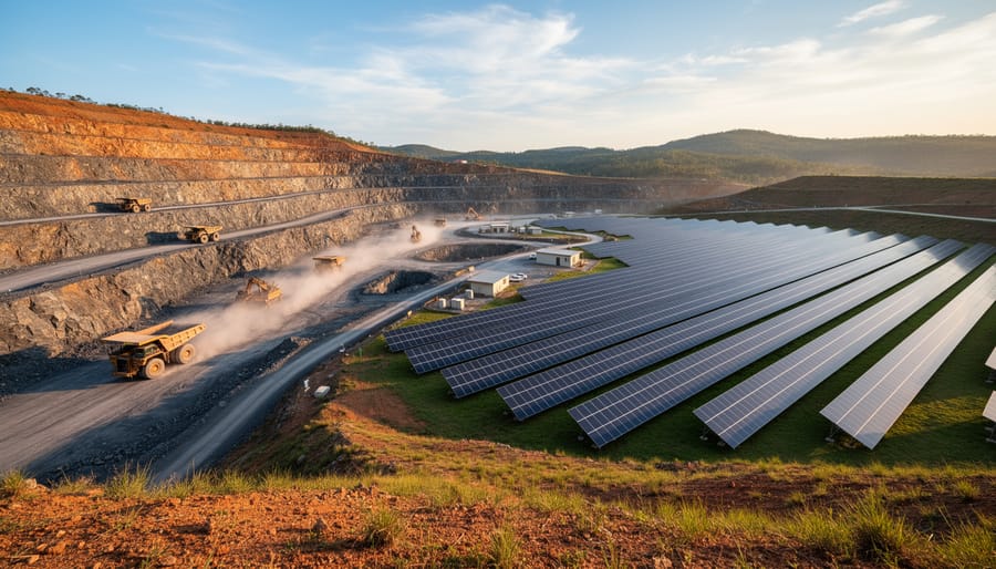 Open-pit mining equipment in the distance with solar panels in the foreground reflecting sunlight