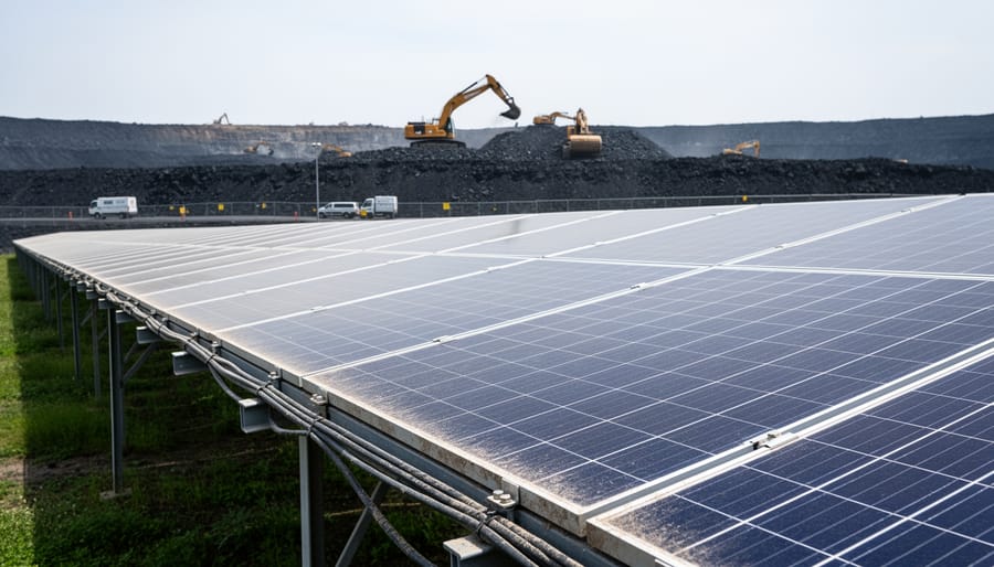 Solar panels installed near mining equipment and rock stockpiles under an overcast sky, representing renewable energy integration in mining.